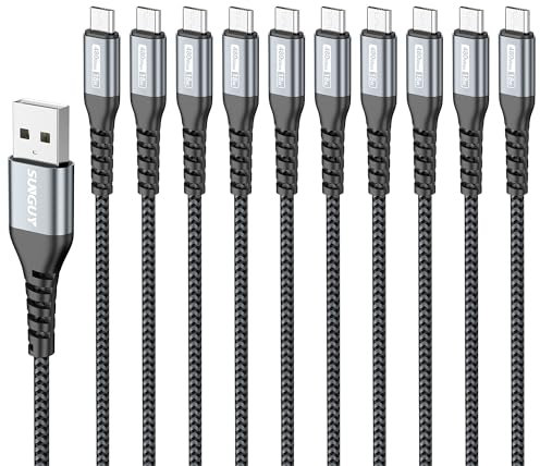 SUNGUY 10Pack 0.3M Nylon Braided USB Micro Charging Cable Fast Charger Cable Lead for Samsung S6 S7 Edge,Tab 4,Moto E4 G5S Plus,Sony Xperia Z3 Z5,Kindle HD,PS4,Xbox,Huawei Honor 7X