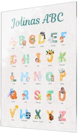 Personalisiertes ABC Bild für Kinder - hochwertige Alternative zum Alphabet Poster aus Hochglanz Acrylglas - perfekt zum ABC und Buchstaben lernen - Lernposter Lerntafel Grundschule Kinderzimmer