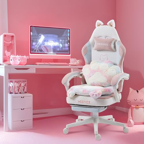 MEENICE Cute Gaming Stuhl mit Katzenpfote Lendenkissen und Katzenohren, Velour Ergonomische Gamer Stuhl mit Fußstütze, Zurücklehnen PC-Spiel Stuhl für Mädchen, Teenager, Kinder, Farbig
