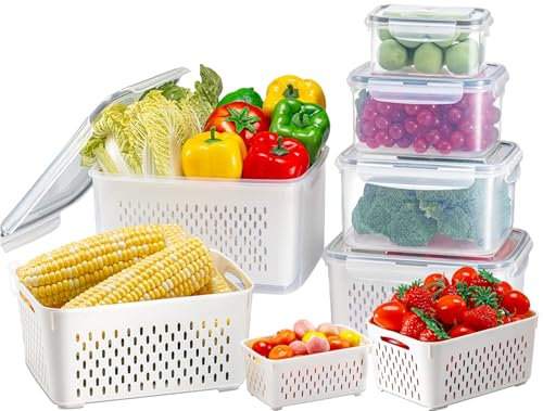 KUMD Kühlschrank Organizer, 5er Packung, Gemüseaufbewahrung mit herausnehmbarem Sieb, BPA-frei, luftdichte Deckel, mikrowellen- und spülmaschinenfest, hält Obst, Gemüse, Fleisch und Salat frisch