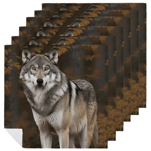 Stoffservietten, 6 Stück, hochwertig, 47 x 47 cm, bedruckt, waschbar, Polyester-Servietten, wild, grauer Wolf, für Weihnachten, Thanksgiving, Hochzeiten