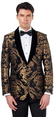 Mens Black Jacquard Tuxedo Jacket Shawl Velvet Lapel Blazer [BLZ-311-BLACK-GOLD-VELVET, UK/US 52 EU 62]