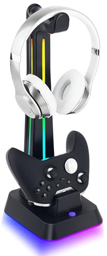 Wigearss Ladestation, Ladegerät für Xbox Series X/S, Xbox Elite 1/2, Xbox One, Xbox One X/S Controller mit Headset Halter, RGB-Licht