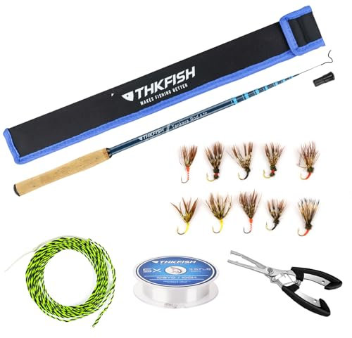 THKFISH Tenkara Angelruten-Set, 24T Kohlefaser, Teleskop-Fliegenfischrute, Combo mit Tragetasche, Angelschnur und Fliegenfischköder für Bachläufe, Forelle, Barsch, Lachs, 24 m, 3 m, 3 m