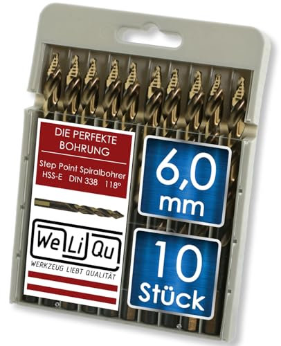 WELIQU 10 Stück HSS-E Kobalt Step Point Spiralbohrer Ø 6,0 mm, geschliffene, selbstzentrierende Metallbohrer, 118° für Stahl, Edelstahl, Aluminium, Messing, Bronze, Gusseisen, Hartholz, Kunststoff