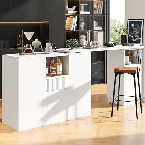 Merax 360° swivelling Dining Bar table,with open storage space and marble worktop, for Kitchen, Dining Room, Living Room, White/Main Body 198.5 x 30 x 75 cm