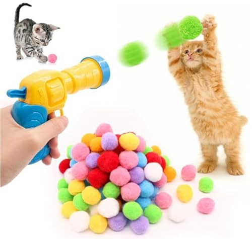UOCAI Katzenspielzeug 100 Bälle, Katzen Ball Launcher Plush Ball Interactive Cat Toy Interaktives Katzenspielzeug plüschball Katze Shooting Training Cat Toy Spielzeug Stretch