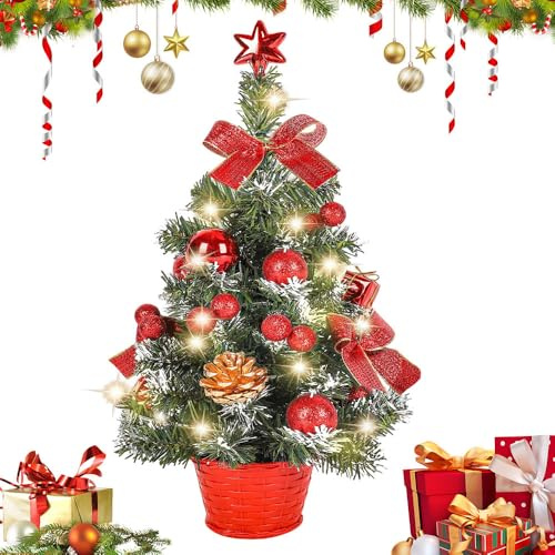Mineup 40cm Mini Weihnachtsbaum, Kleiner Weihnachtsbaum Mit Beleuchtung, Künstlicher Weihnachtsbaum Klein mit Tannenzapfen und roten Früchten, Weihnachtsdeko für Tisch, Geschenk, Wohnzimmer
