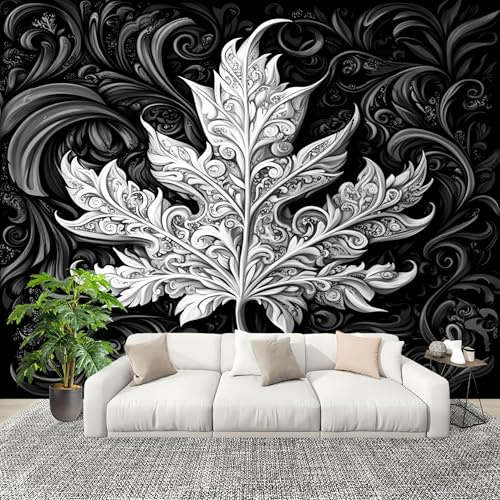 Générique Papier Peint Intissé Mural Poster 3D 250x175cm Feuille D'éRable VéGéTale RéTro Papier Peint Panoramique Noir pour Salon Chambre d'enfants restaurant Décoration Murale