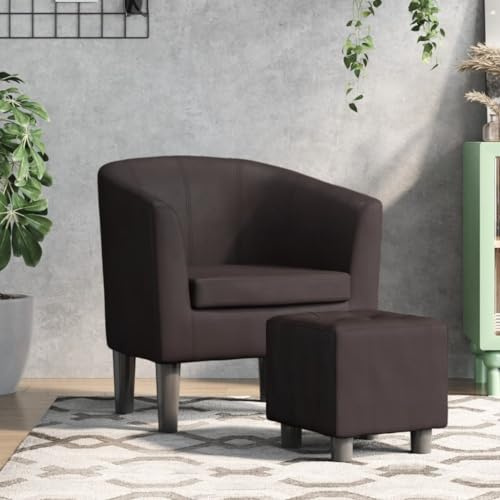SKTQYQO Sessel mit Fußstütze aus braunem Kunstleder, modern, für Wohnzimmer, dicke Polsterung und stabile Struktur aus Kiefernholz, gestepptes Design mit Knöpfen