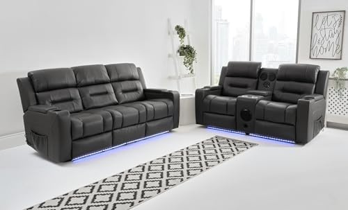 Sofahub Bolero Leather Electric Recliner Sofa for Living Room | LED Recliner with Adjustable Headrest, Bluetooth Speakers, Cupholders & USB Port | Home Cinema Sofa (Black, 3 + 2 seater)