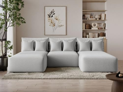 GRAINGOLD Ronni U Ecksofa mit Schlaffunktion und Bettfunktion, 300x190 cm, U-Form Sofa, Schlafcouch für Wohnzimmer, Bouclé-Stoff, 5-Sitzer Wohnlandschaft, Ecksofa mit Stauraum (Grau)