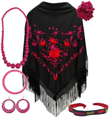 Scialle di Manila con Accessori: Scialle di Manila con Fiori Ricamati, Clip Capelli Fiore, Collana, Bracciale e Orecchini Fenicotteri e Bracciale in Tessuto., Nergro Rosso Fucsia, L