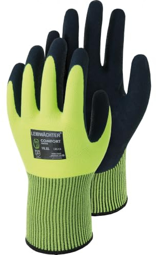 Leibwächter Comfort Arbeitshandschuhe 12er Pack Latex leuchtgelb Gr. 11 | Sicherheitshandschuhe Polyester, 2-fach Latex-Mikroschaum, atmungsaktiv, EN 388 Cat. II, Bau & Montage, 15 Gauge