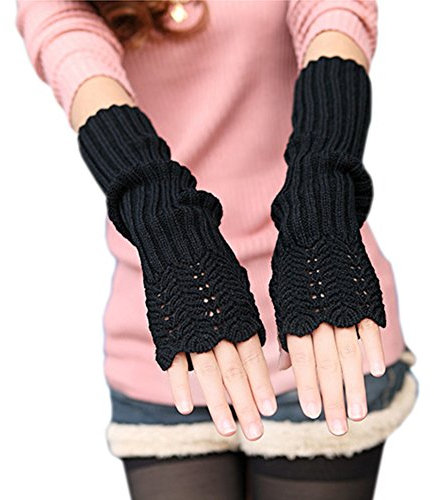 West See Damen Strick Winter fingerlose Handschuhe weiche warme Fausthandschuhe Armstulpen Handwärmer (Schwarz)