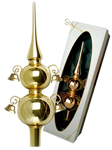 Krebs Glas Lauscha - Christbaumschmuck/Christbaumspitze aus Glas - Doppelspitze umsponnen mit 4 Glöckchen - Farbe: Gold - Größe: ca. 29 cm - Made in Germany