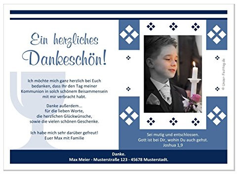 Kommunion Danksagungen - eigener Text wird eingedruckt, für Junge Jungs (mit oder ohne Foto) - 40 Karten, Größe 17 x 12 cm