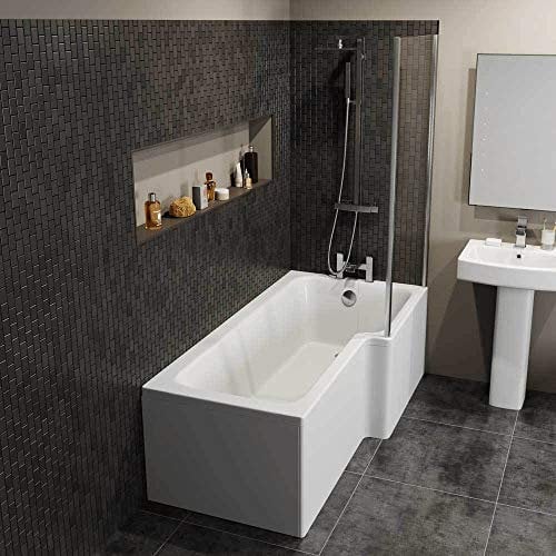 Ceramica Modern 1700mm L Shaped Right Hand Shower Bath 5mm Glass Screen Front and End Panel Acrylic Bathtub White Bathroom Tub
