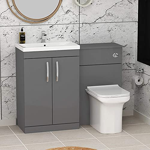 1100mm Modern Indigo Grey Gloss Bathroom 2 Doors Mid-Edge Vanity Unit Basin Sink & Crosby Pan + Toilet Furniture Set