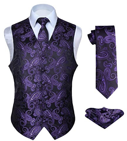 Enlision Herren Paisley Blumenhochzeit Jacquard Weste & Krawatte und Pocket Square Weste Anzug Set Lila