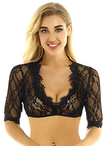 Freebily Women's Lace Sleeves Crop Tops Basic 3/4 Length Arm Shaper Vest Crop Shirt Blouses Black XL