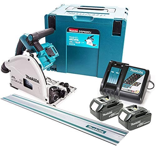 Makita DSP600ZJ 36V Brushless Plunge Saw with 2 x 5Ah Batteries, Charger & Rail