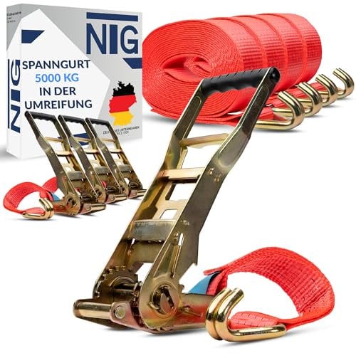 4 unidades 5000 kg 10 m correas tensoras con trinquete Ergo Langhebelratsche – TÜV/GS – Gancho de trinquete de amarre 2 piezas correa tensora para camiones correas de amarre 50 mm