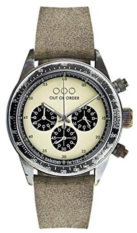 Out of Order Chronograph PALUDE Cream Stahl Quarz Braun Leder Vintage Ruiniert Herren Uhr