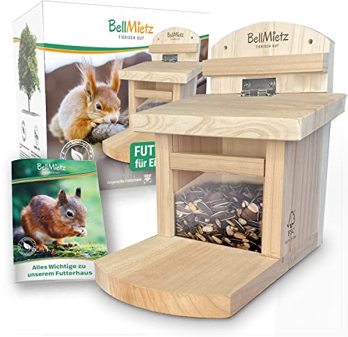 BellMietz® Eichhörnchen Futterhaus [extra sicher, stabil & wetterfest] | Holz FSC Zertifiziert | Eichhörnchenhaus mit innovativem Belüftungssystem für trockenes Futter | Futterhaus für Eichhörnchen