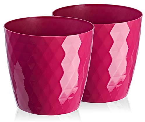 Lot de 2 pots à fleurs/plantes, légers, brillants et décoratifs, en plastique, forme ronde moderne, pour l’intérieur (18 cm, rose)