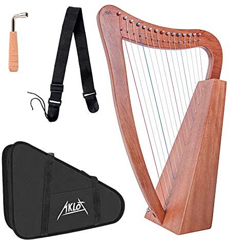 Harfe, AKLOT Mahagoni-Harfe, 15 Saiten, 55,9 cm Höhe, für Erwachsene, professionelle Anfänger, mit Stimmschlüssel, schwarzer Gigbag, Gurt (ohne Ersatzsaiten, internationale Standard-Saiten)