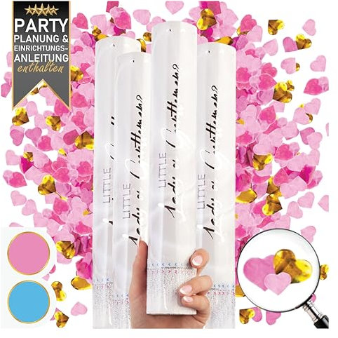 PrimePure Cañónes de Confeti para Revelacion Genero Bebe - Confeti Cañon en Forma de Corazón con Mylar Dorado - Rosa, Pack 4 - Gender Reveal Confetti Cannon para Bebé Niña