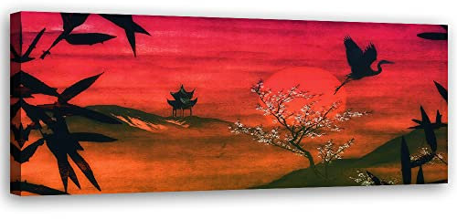 Feeby Vlies Leinwandbild XXL Japan Kranich Sonnenuntergang 120x40 cm Wandbild Kunst Bilder Schlafzimmer Deko Wohnzimmer Kirschblüte Bambus Orientalisch Orange