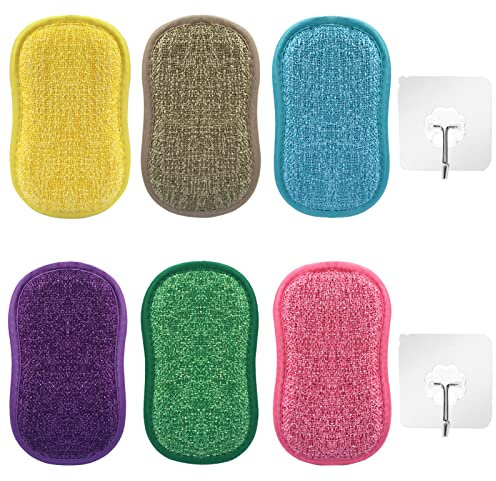 Éponges à récurer, 6 pièces avec 2 crochets, tampons à récurer de cuisine en microfibre, éponges double face, tampons à récurer, lavables, réutilisables
