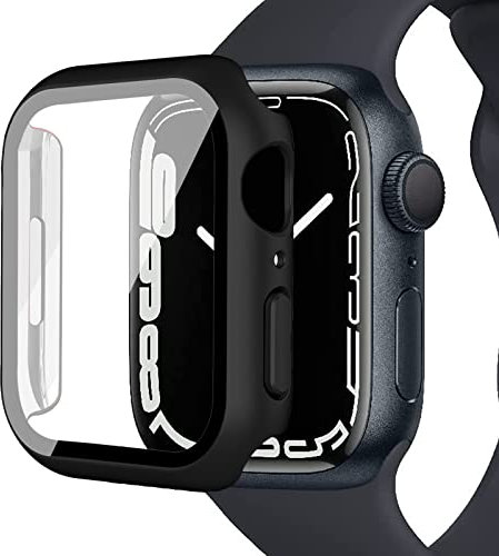 Miimall Funda Compatible con Apple Watch Series 8/7 45mm, Caso de PC Bumper con Cristal Templado [Protector de Pantalla], Anti-Arañazos Ultra Delgada Carcasa para iWatch Series 8 7 45mm, Negro