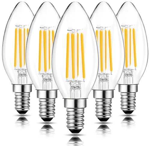 ROMANJOY C35 4W E14 LED Light Bulb, Dimmable Warm White 2700K, 5Pack | 40W Equivalent Candle Bulb, Small Edison Screw, Glass Filament Bulbs for Living Room Chandeliers, Bedside Wall Fixtures