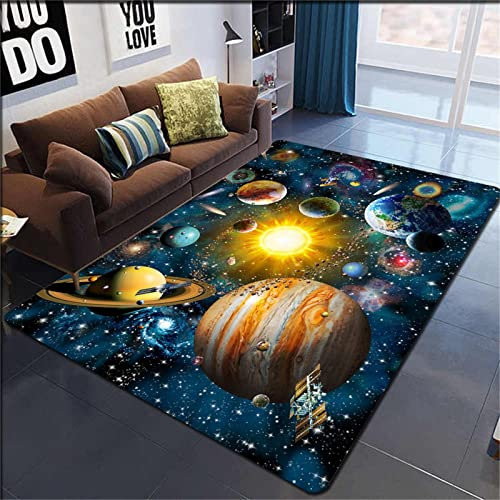 通用 Creative Universe Planet Teppich, Galaxy Teppich für Wohnzimmer Kinderspiel Fußmatten rutschfest Jungen Mädchen Gelb Blau Sterne Teppich Fußmatte Badematte Gaming Rug (100 x 200 cm)