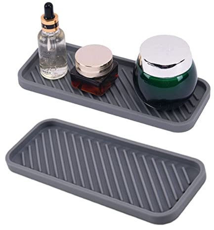 EACHPT Silicone Sink Organiser - 2 Pieces 23 x 9cm Sponge Holder, Stripe Bottom, Sink Tray for Kitchen, Bathroom and Desk Storage (Grey)