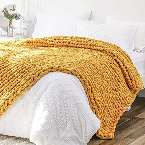 Bigacogo Chunky Knit Throw Blanket for Couch, 51x63 inches, 100% Hand Knitted with Thick Jumbo Chenille Yarn, Cozy Soft Large Rope Knot Cable Crochet Blankets for Sofa Bed Living Room, Mustard Yellow