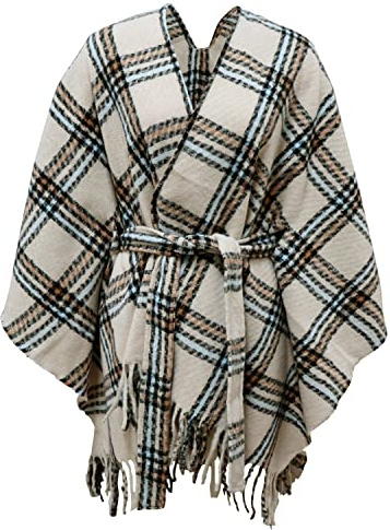 Poncho Damen Herbst-Winter-Warmer Mode-Schal der Frauen Strickjacke mit Fransen für Damen Drucken Front Poncho V-Tie Belt Cape(Hellbraun)