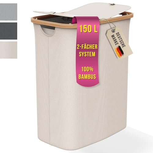 Wäschekorb 150L mit 2 Deckeln und 2 Fächern – Faltbarer Wäschesammler aus Bambus-Stoff Beige – Wäschebox, Wäschetruhe, Wäschebehälter, Wäschetrenner für Bad, Schlafzimmer & Waschküche