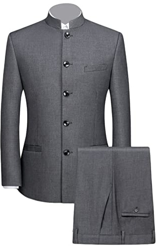 Maiyifu-GJ Men 2 Pieces Chinese Tunic Suit Mandarin Collar Blazer Set Button Jacket Pant Set Traditional Uniform Groom Dress