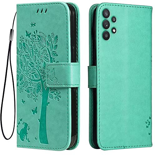 Topme Leder Tasche Hülle für Samsung Galaxy A13 4G (6.6 Inches), [Katzen- Und Baummuster-Stil Handytasche] - Grün