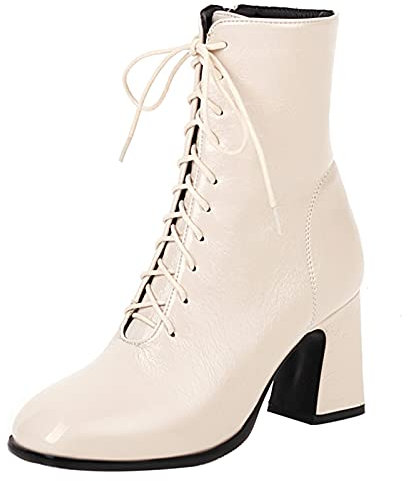 MJIASIAWA Damen Mode Square Toe Blockabsatz Stiefeletten Reißverschluss Lack Chelsea Stiefel Winter Schnüren Biker Stiefeletten Beige Gr 36 Eu