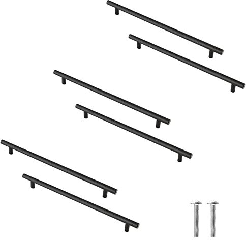 Cjueiom Matt Black 6 Pack Cupboard Handles - 160mm Hole Center, T Bar Stainless Steel Drawer & Wardrobe Door Pulls, 250mm Length - Kitchen & Bedroom Cabinet Handles