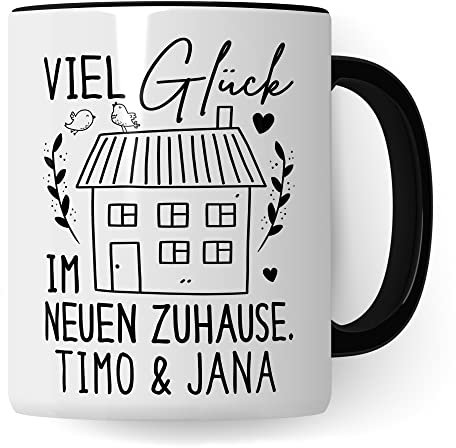 Tasse Umzug Name personalisierbar Neue Wohnung Kaffeetasse Zusammenziehen Geschenk Geschenkidee Abschiedsgeschenk Umzug Freundin persönliches Geschenk Neues Zuhause Viel Glück (Weiß/Schwarz)