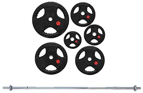 Strongway® 50KG 70KG 100KG Tri Grip Weight Plates Sets with 6FT Barbell - 1 Inch (1) / 25mm Hole - Rubber Coated Cast Iron Weight Lifting Bar (70KG SET + 6FT BAR)