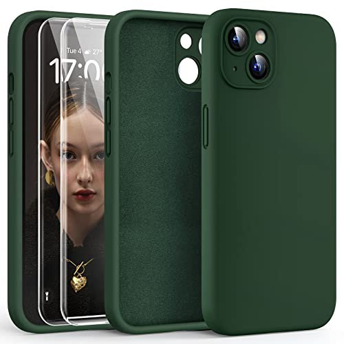 HATOSHI 3 in 1 for iPhone 13 Case, with 2 Pack HD Screen Protector, [Upgraded Full Camera Protection] Liquid Silicone Silky-Soft Touch Slim Shockproof [Anti-Scratch] [Multi-Color] 6.1, Alpine Green