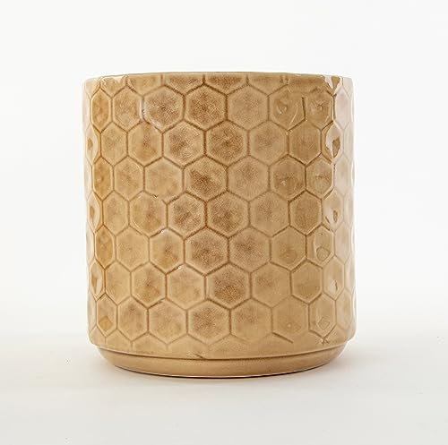 SaBrissi Planter Pot 8 inch Mustard Yellow Gold Decorative Ceramic Indoor Planter Pot Geometric Honeycomb for Indoor Plants Succulents Flowers and Herbs (Mustard Yellow)