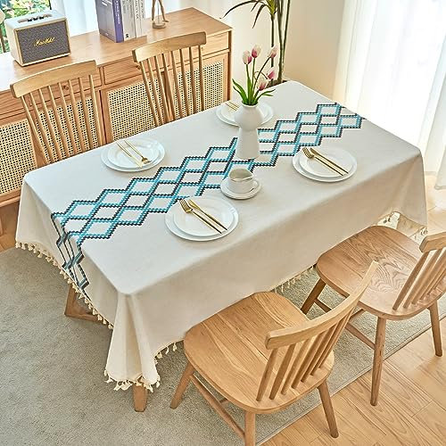Stoff Tischtuch, Quaste Stickerei Tischdecke, waschbar faltenfrei staubdicht Tischdecke für Küche Essen Party Picknick Bankett Tischdekoration (140 x 200cm)